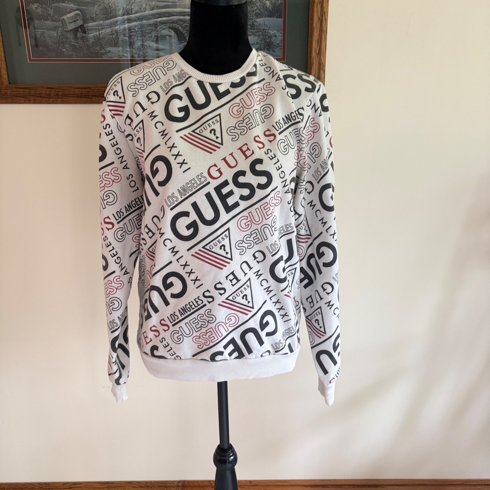 Guess Logo Sweatshirt Mens‎ Small White All Over Print Crewneck Fleece Pullover